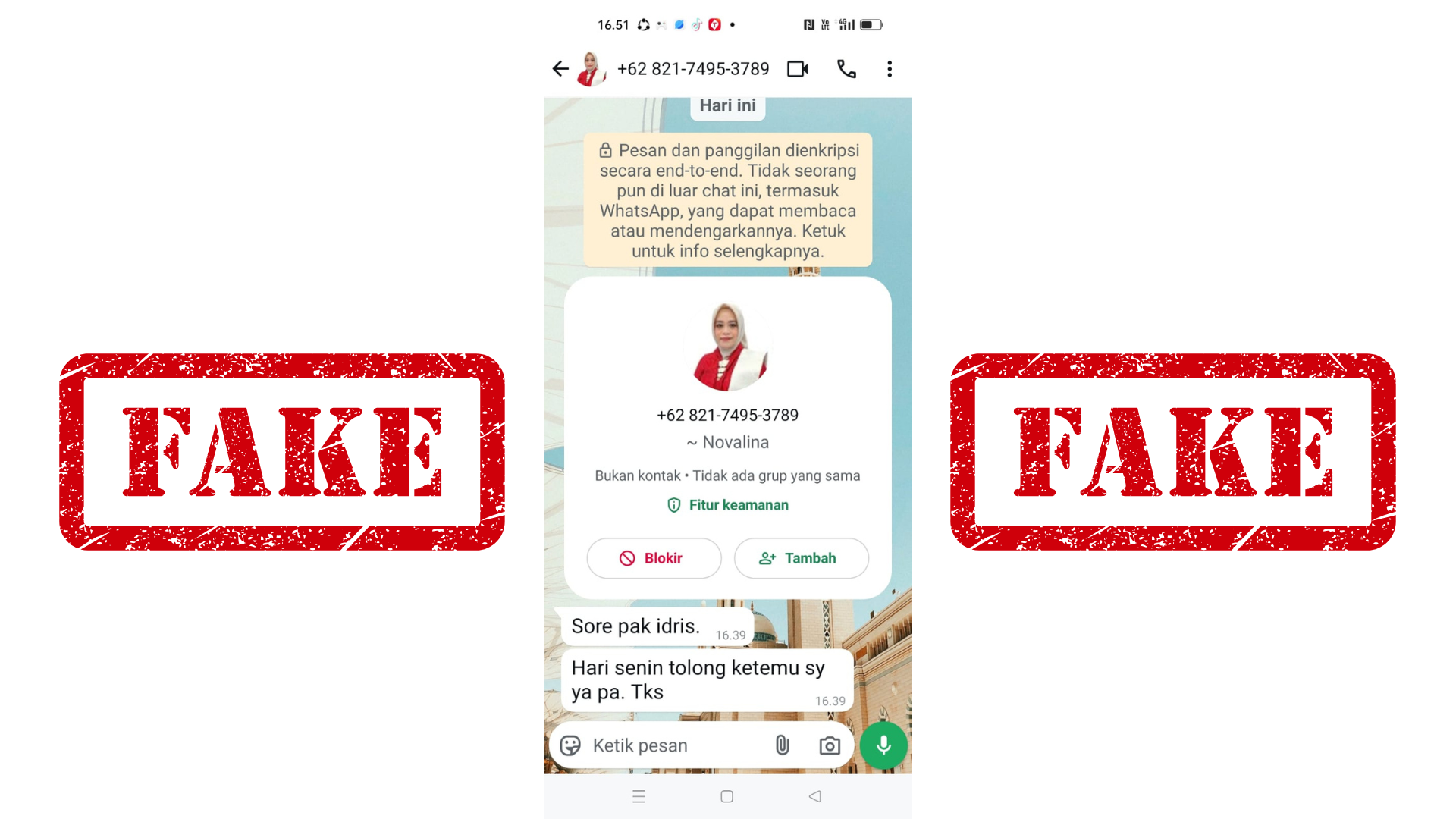 Tangkapan layar profil WhatsApp palsu yang mencatut nama dan foto Sekdaprov Sulawesi Tengah, Novalina. Gambar ini telah diberi label "FAKE" untuk menegaskan bahwa nomor tersebut bukan milik resmi Sekdaprov. Masyarakat diminta waspada terhadap modus penipuan seperti ini.