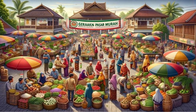 
 Gerakan Pasar Murah Pemkot Palu yang menampilkan suasana pasar yang ramai dengan pedagang dan pembeli. Foto: Ilustrasi AI